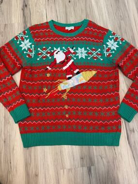 Mens XL Holiday Hype Rocket Santa Ugly Christmas Sweater Rocketman Cool Santa